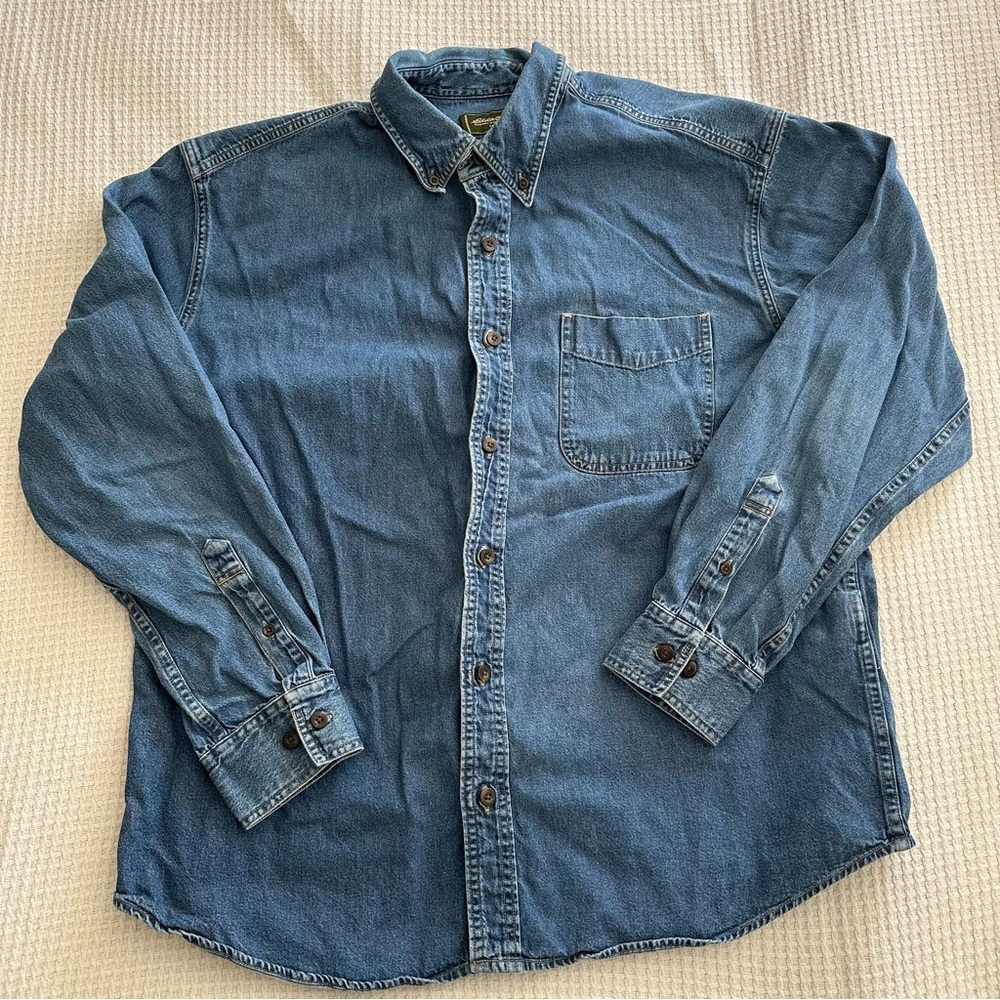 Eddie Bauer Vintage 100% Cotton Blue Medium Wash Denim Button Down Shirt